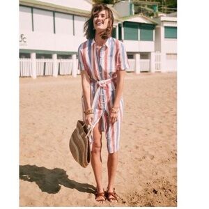 Sezane Blue and Red Midi Dress with Notched Collar